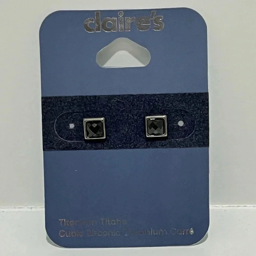 Claire’s Titanium with black cubic zirconia studs square NWT